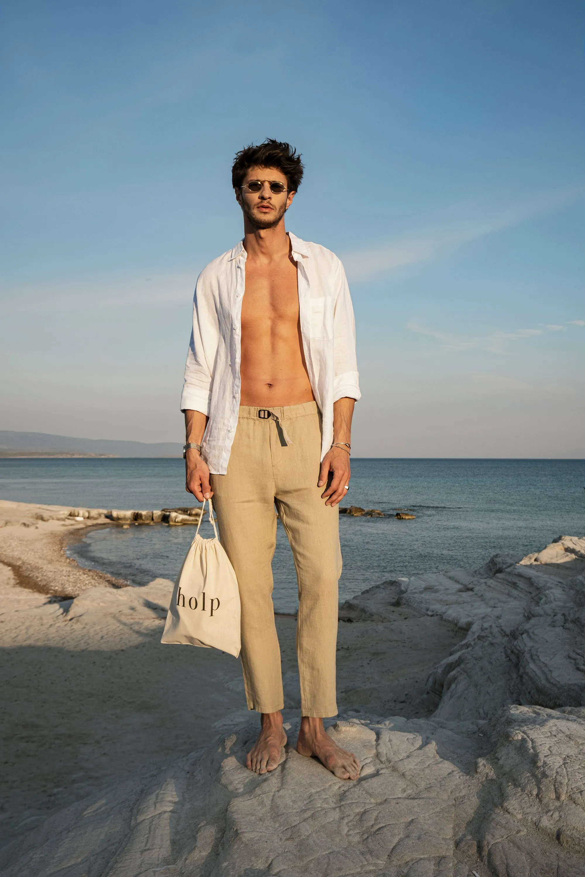 Beige Tan Mens Linen Tapered Pants