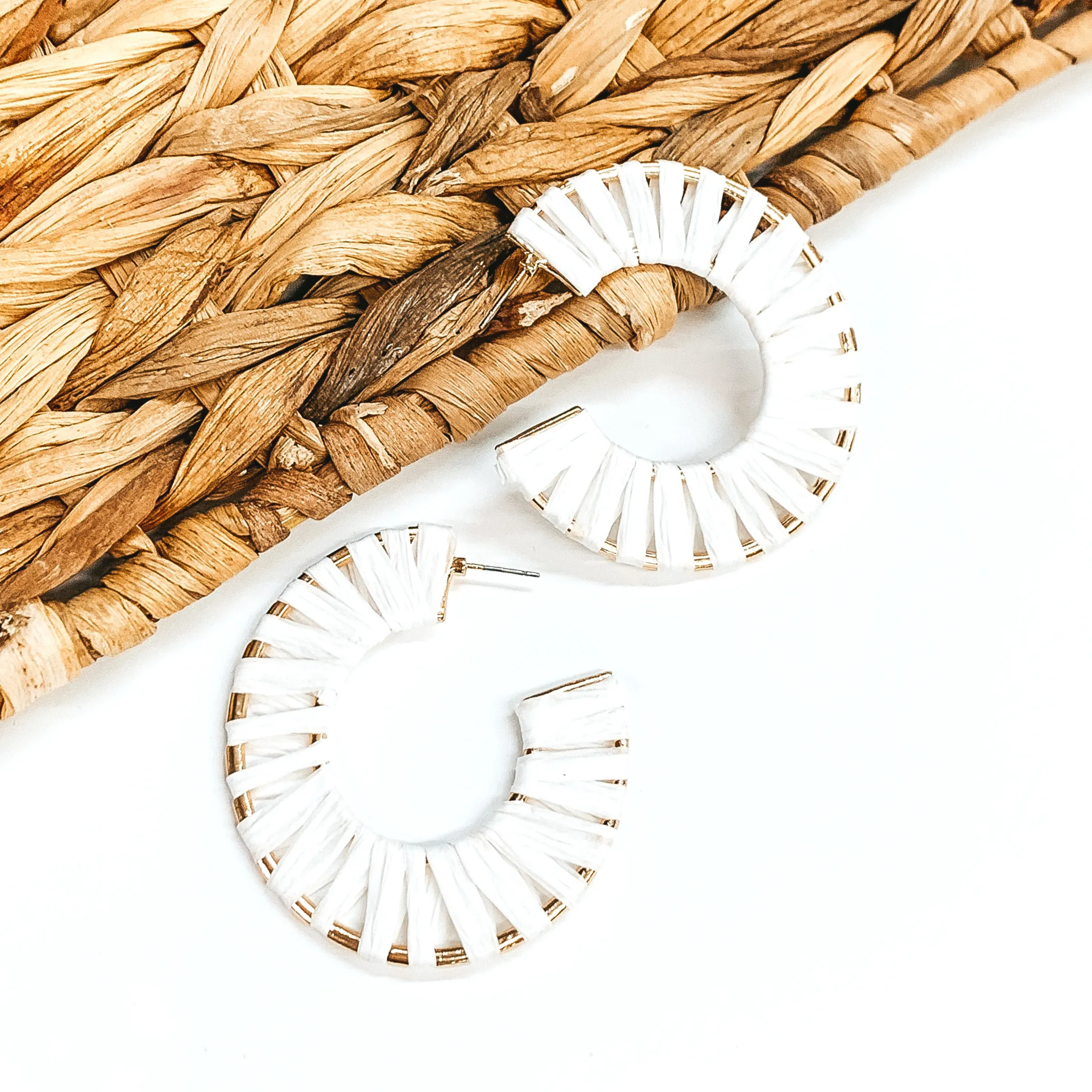 Cabana Bound Raffia Wrapped Gold Hoop Earrings in White