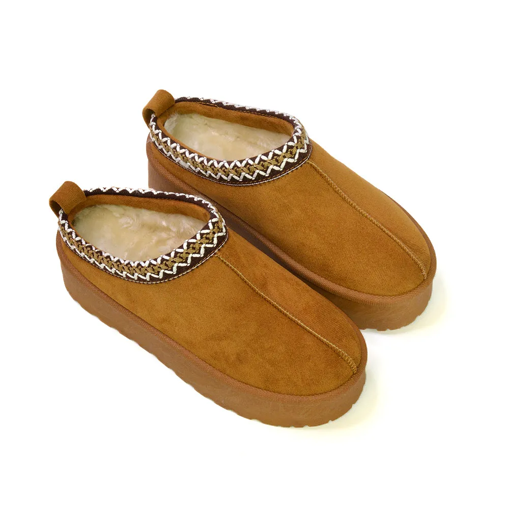 Candice Aztec Slip On Faux Fur Insole Platform Flatform Slipper Ultra Mini Boots in Chestnut