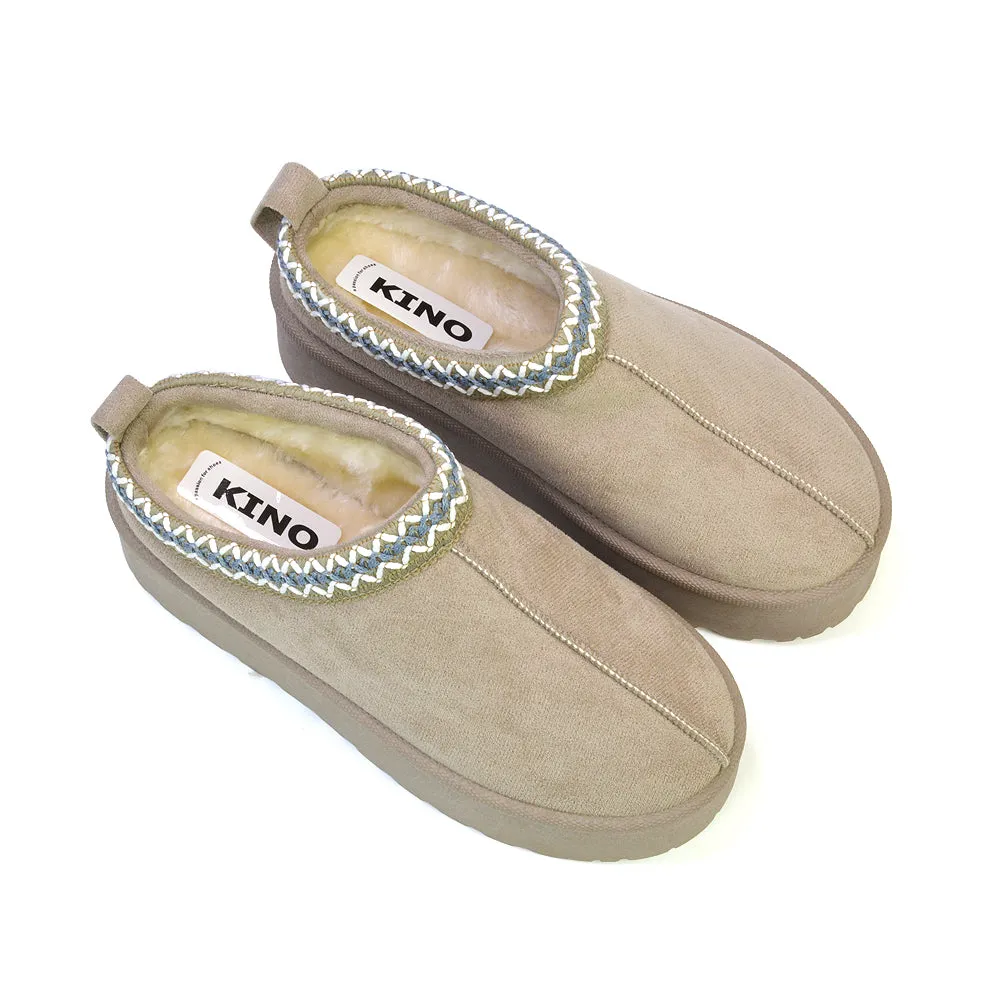 Candice Aztec Slip On Faux Fur Insole Platform Flatform Slipper Ultra Mini Boots in Chestnut