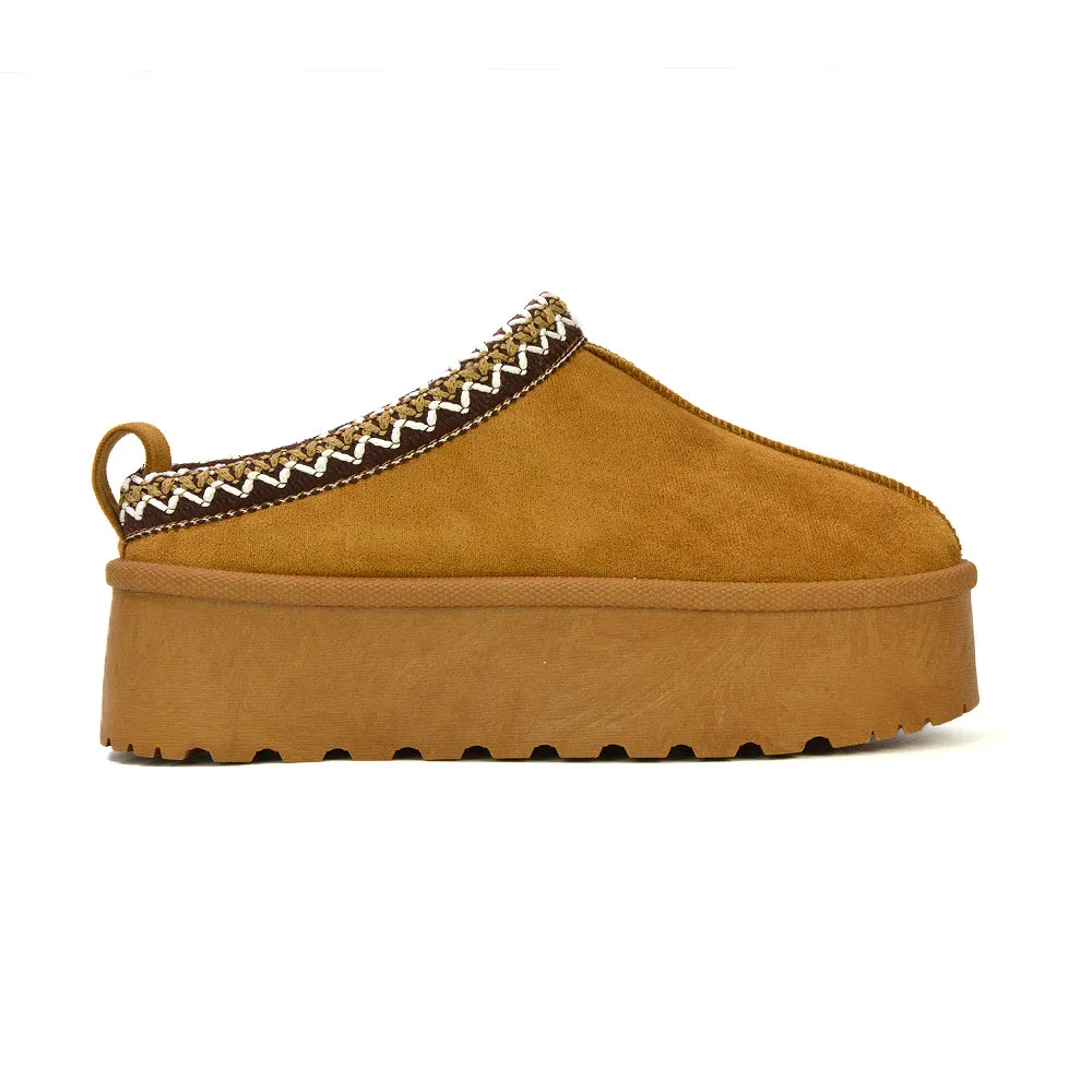 Candice Aztec Slip On Faux Fur Insole Platform Flatform Slipper Ultra Mini Boots in Chestnut