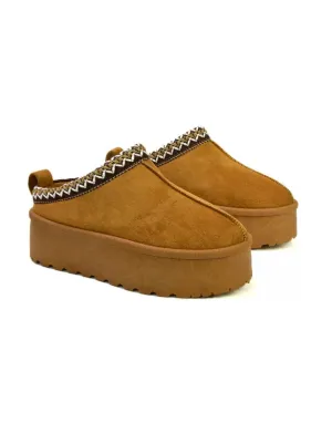 Candice Aztec Slip On Faux Fur Insole Platform Flatform Slipper Ultra Mini Boots in Chestnut