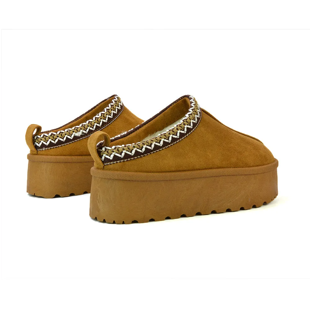 Candice Aztec Slip On Faux Fur Insole Platform Flatform Slipper Ultra Mini Boots in Chestnut
