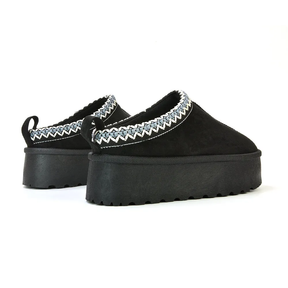 Candice Aztec Slip On Faux Fur Insole Platform Flatform Slipper Ultra Mini Boots in Chestnut