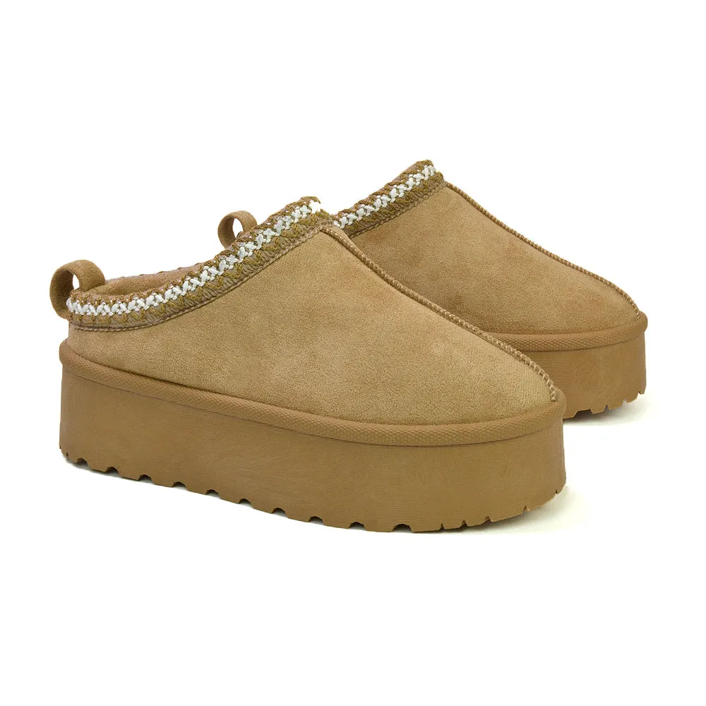 Candice Aztec Slip On Faux Fur Insole Platform Flatform Slipper Ultra Mini Boots in Chestnut