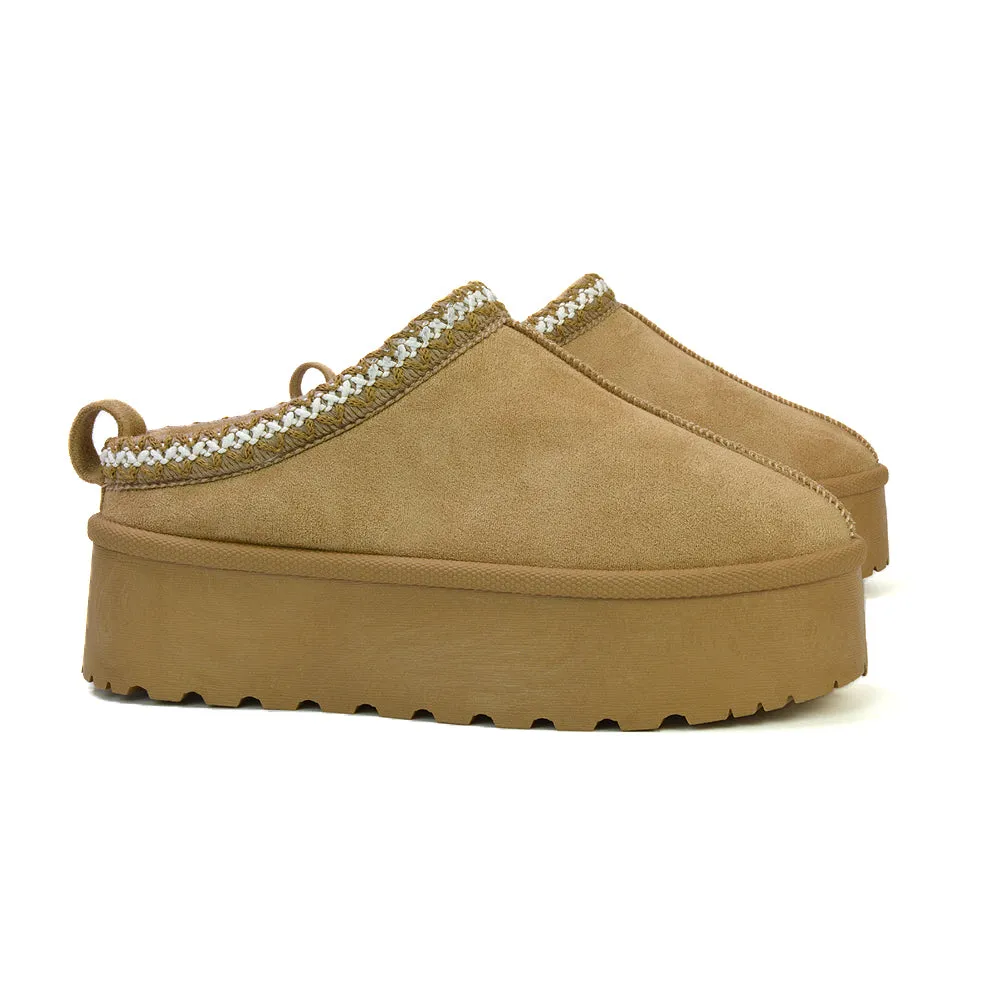 Candice Aztec Slip On Faux Fur Insole Platform Flatform Slipper Ultra Mini Boots in Chestnut