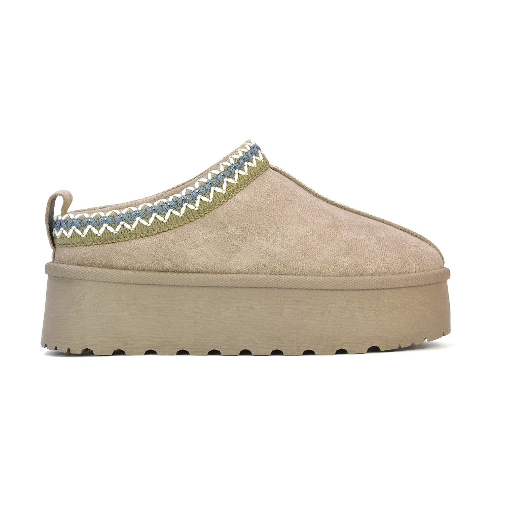 Candice Aztec Slip On Faux Fur Insole Platform Flatform Slipper Ultra Mini Boots in Chestnut