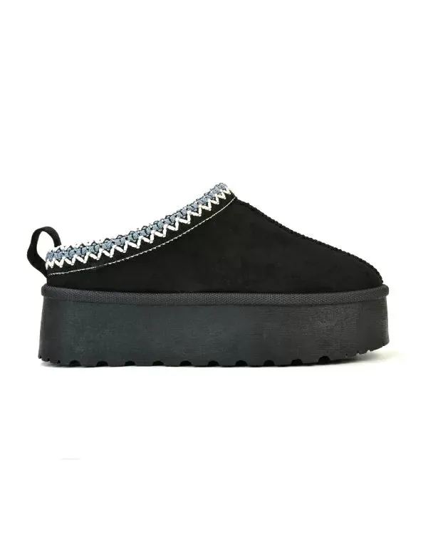Candice Aztec Slip On Faux Fur Insole Platform Flatform Slipper Ultra Mini Boots in Chestnut