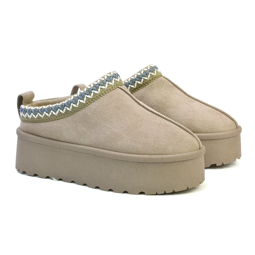 Candice Aztec Slip On Faux Fur Insole Platform Flatform Slipper Ultra Mini Boots in Chestnut