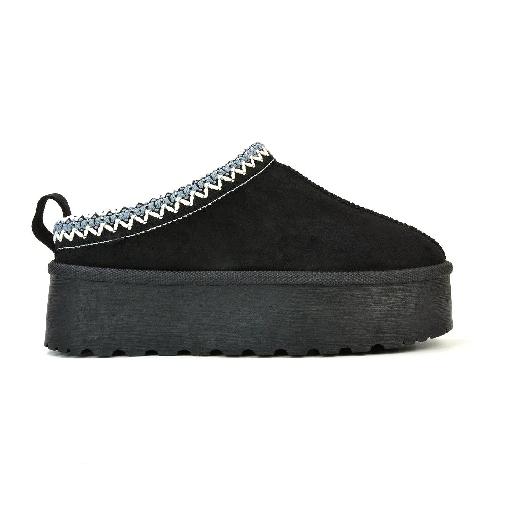 Candice Aztec Slip On Faux Fur Insole Platform Flatform Slipper Ultra Mini Boots in Chestnut