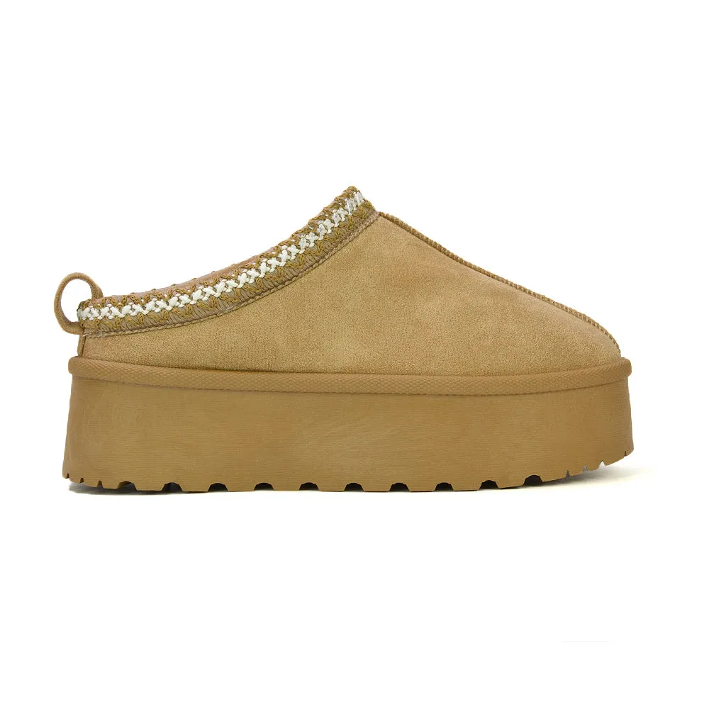 Candice Aztec Slip On Faux Fur Insole Platform Flatform Slipper Ultra Mini Boots in Chestnut