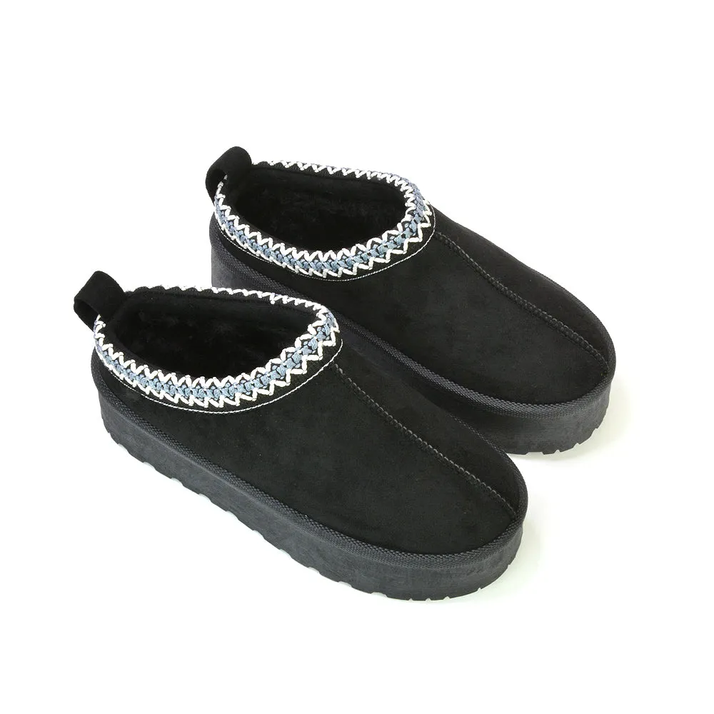 Candice Aztec Slip On Faux Fur Insole Platform Flatform Slipper Ultra Mini Boots in Chestnut