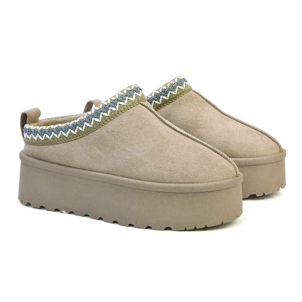Candice Aztec Slip On Faux Fur Insole Platform Flatform Slipper Ultra Mini Boots in Chestnut
