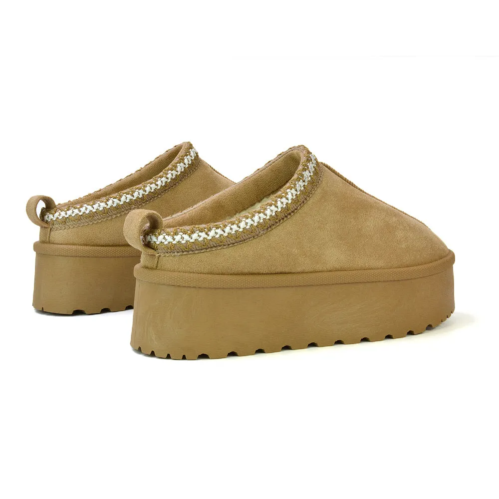 Candice Aztec Slip On Faux Fur Insole Platform Flatform Slipper Ultra Mini Boots in Chestnut