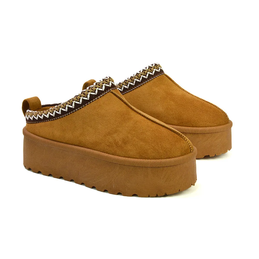 Candice Aztec Slip On Faux Fur Insole Platform Flatform Slipper Ultra Mini Boots in Chestnut