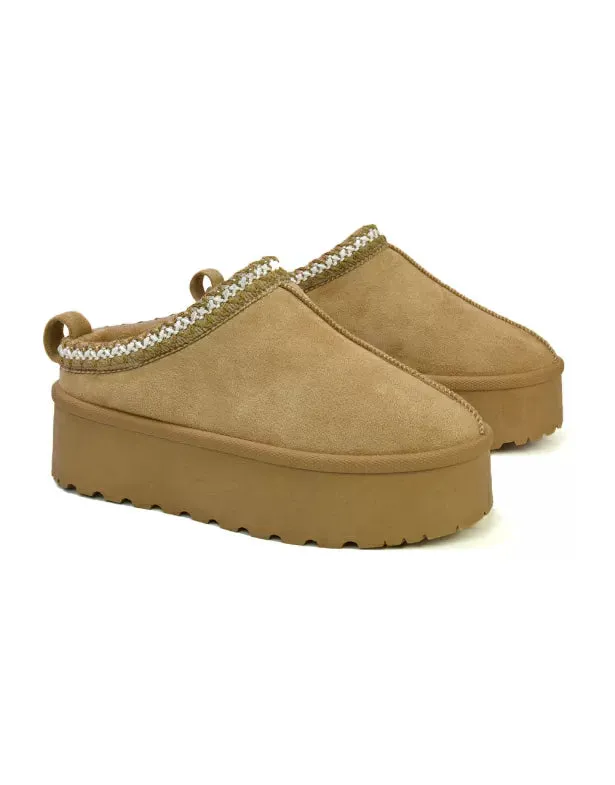 Candice Aztec Slip On Faux Fur Insole Platform Flatform Slipper Ultra Mini Boots in Chestnut