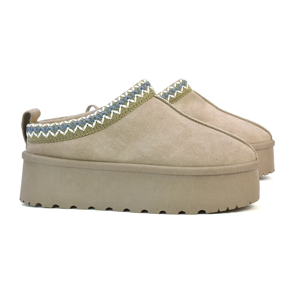 Candice Aztec Slip On Faux Fur Insole Platform Flatform Slipper Ultra Mini Boots in Chestnut