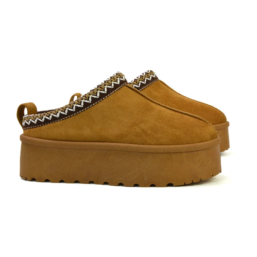 Candice Aztec Slip On Faux Fur Insole Platform Flatform Slipper Ultra Mini Boots in Chestnut