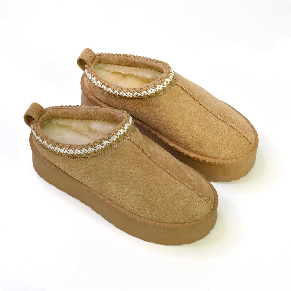 Candice Aztec Slip On Faux Fur Insole Platform Flatform Slipper Ultra Mini Boots in Chestnut