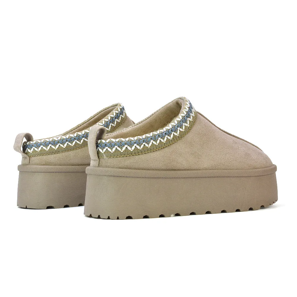 Candice Aztec Slip On Faux Fur Insole Platform Flatform Slipper Ultra Mini Boots in Chestnut