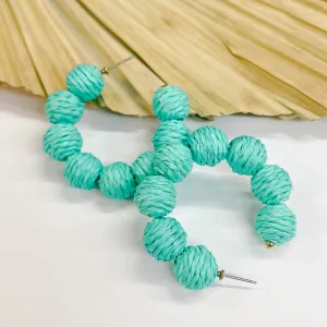 Raffia Ball Hoop Earrings in Turquoise